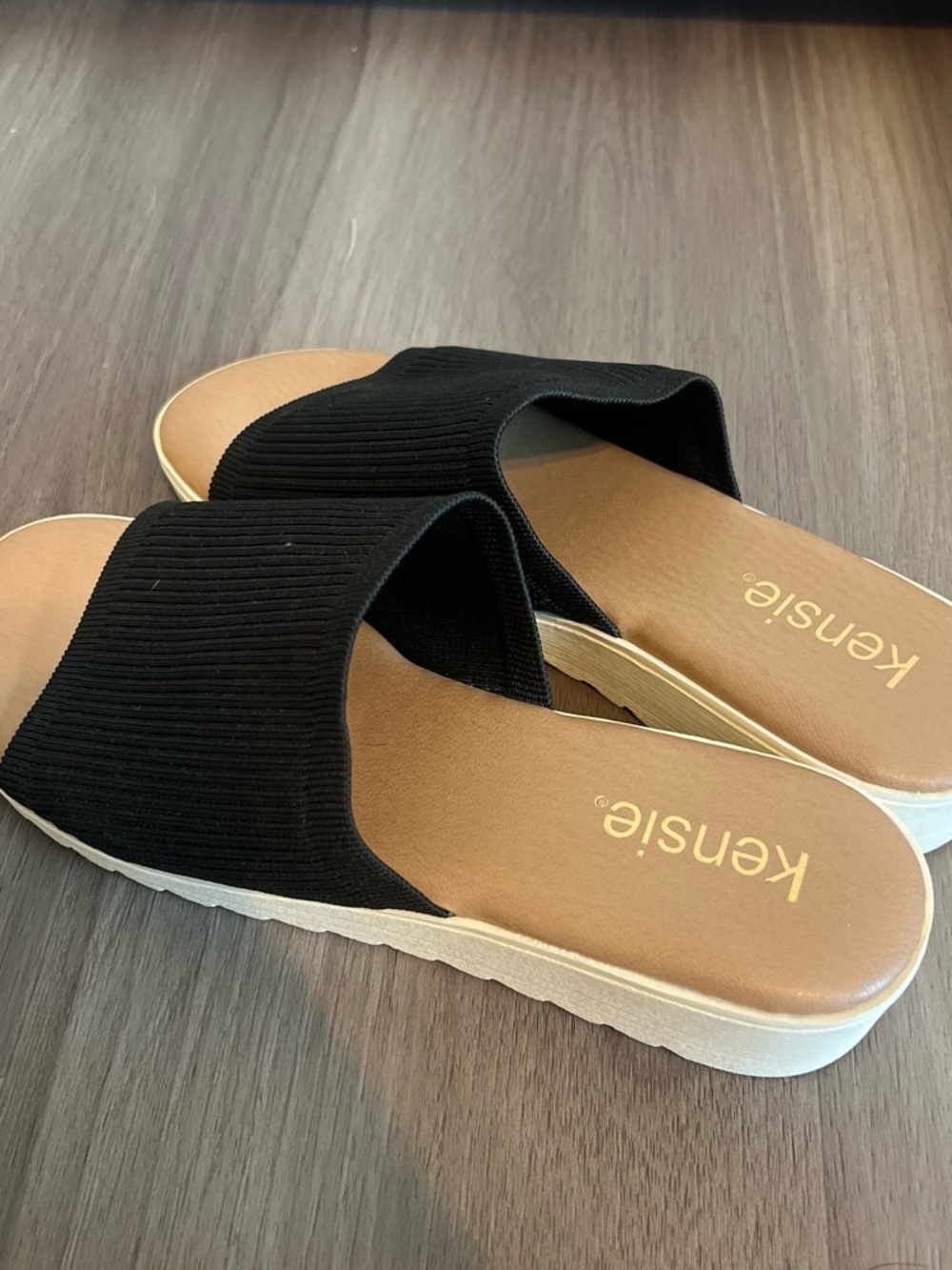 Kensie Black Ribbed Slide Mules with Tan Footbed